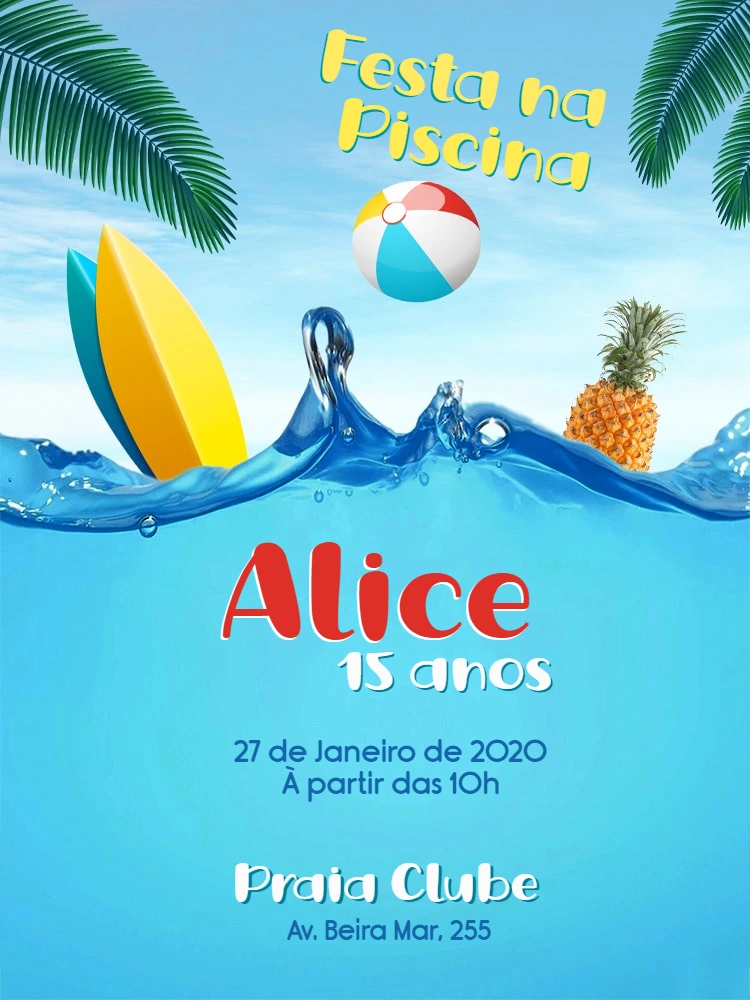 Convite de Aniversário Festa na Piscina para Editar Online