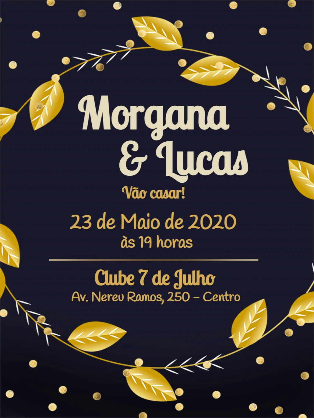 Convite de Casamento Folhas Douradas e Azul para Editar Online