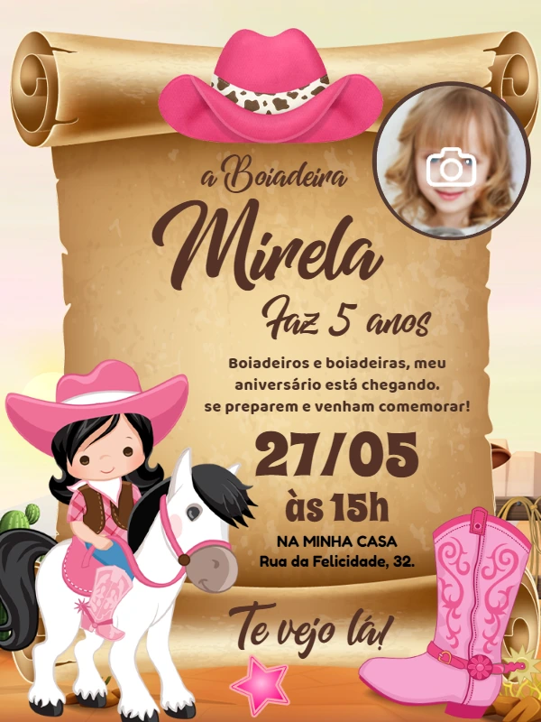 Convite Aniversário Boiadeira com Foto para Editar Online
