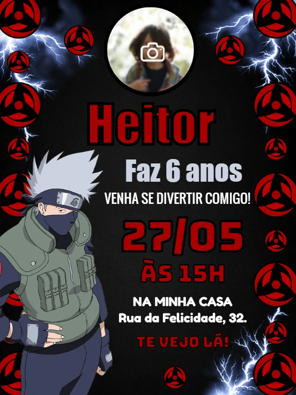 Convite Aniversário Kakashi com Foto para Editar Online