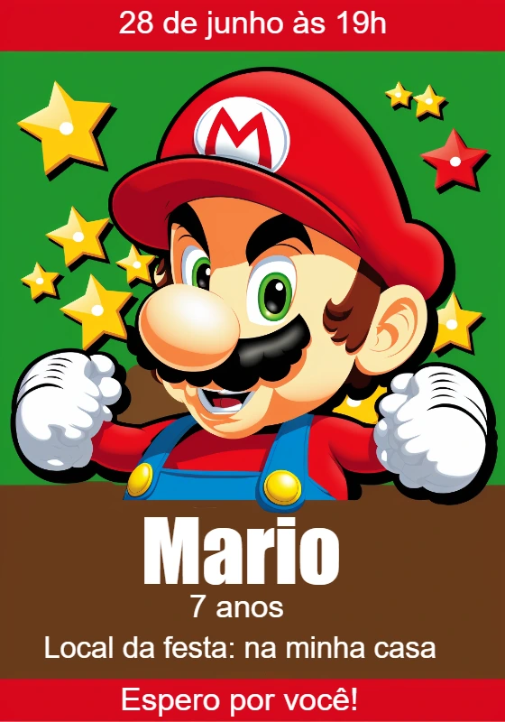 Convite de Aniversário Super Mario para Editar Online