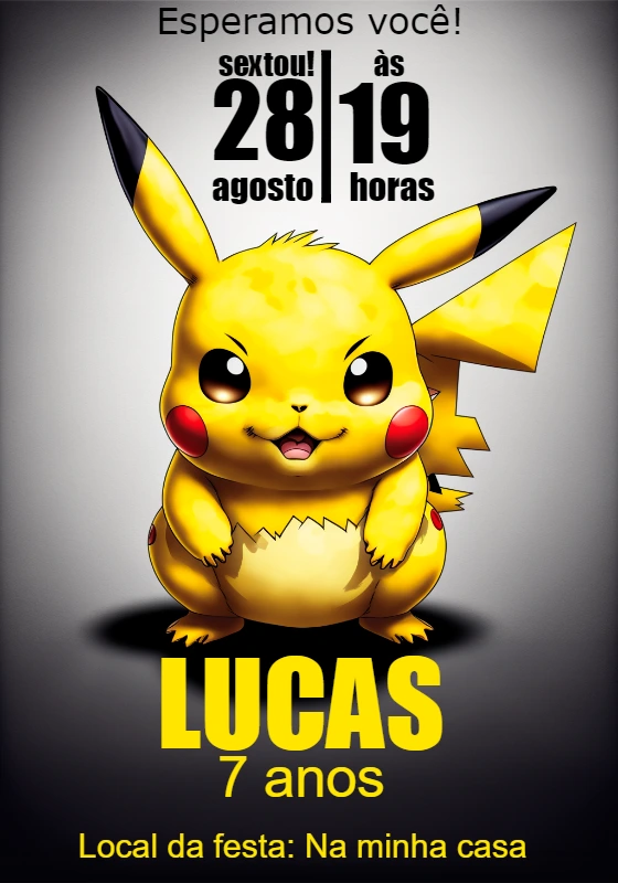 Convite de Aniversário Pokémon com Pikachu para Editar Online