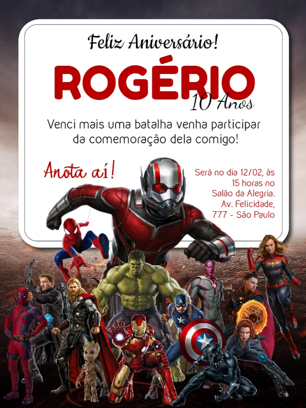 Convite de Aniversário Vingadores com Heróis para Editar Online