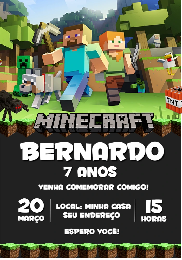 Convite de Aniversário Minecraft com Personagens para Editar