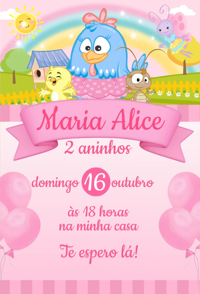 Convite Aniversário Galinha Pintadinha Rosa para Editar Online