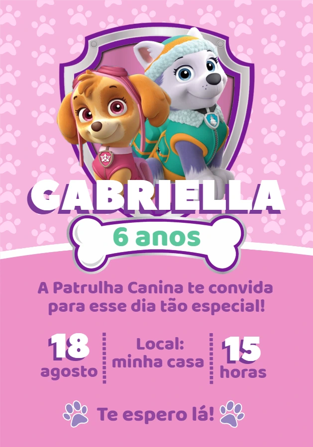 Convite Aniversário Patrulha Canina Skye e Everest para Editar