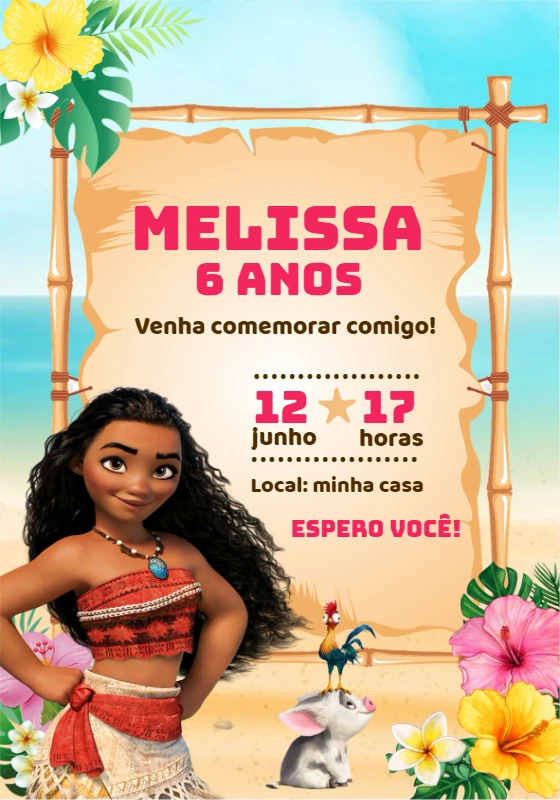 Convite de Aniversário Moana para Editar e Imprimir