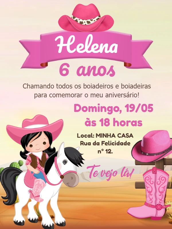Convite Aniversário Boiadeira Rosa para Editar Online