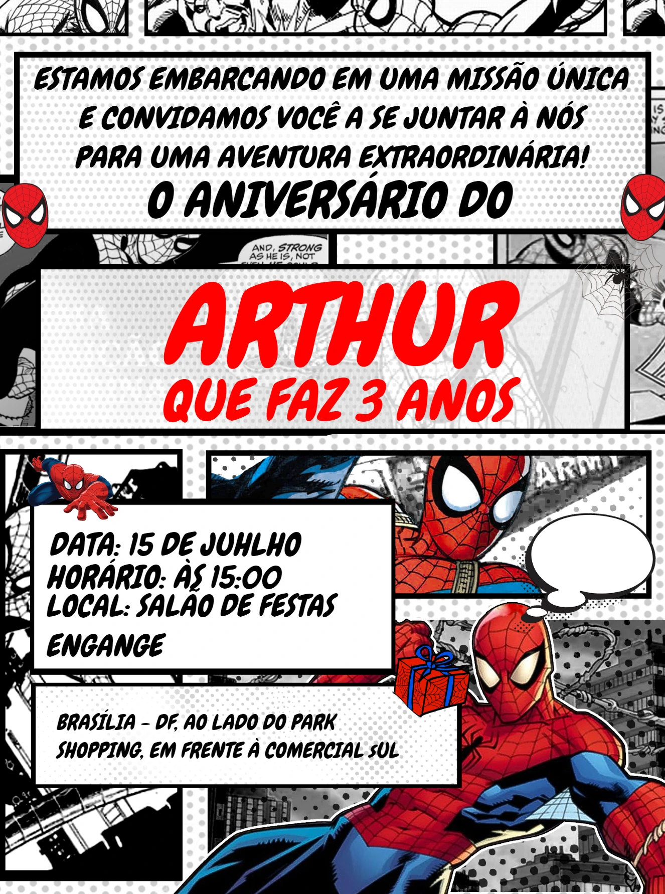 Convite Aniversário Homem Aranha Quadrinhos para Editar Online
