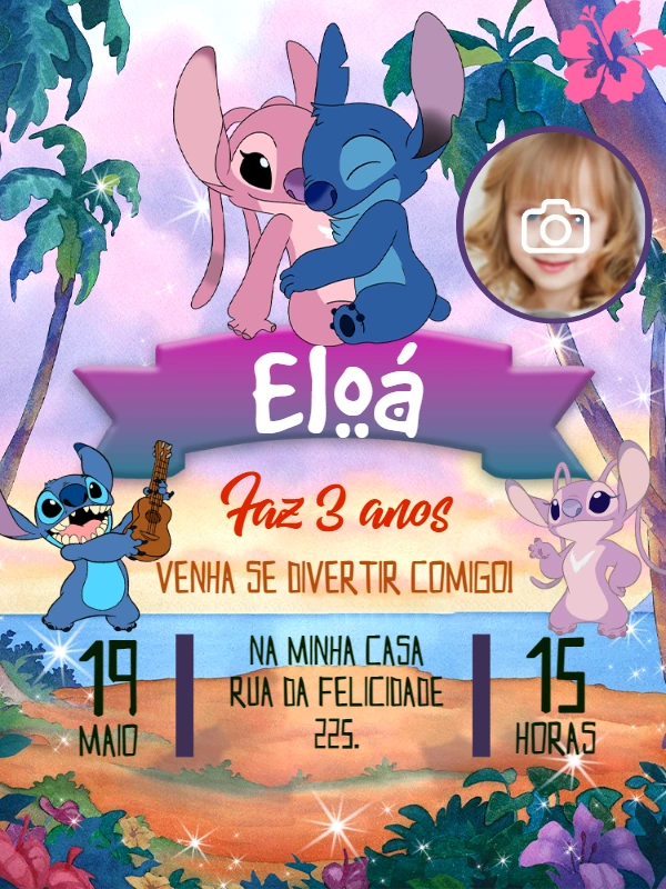 Convite Aniversário Stitch e Angel com Foto para Editar Online