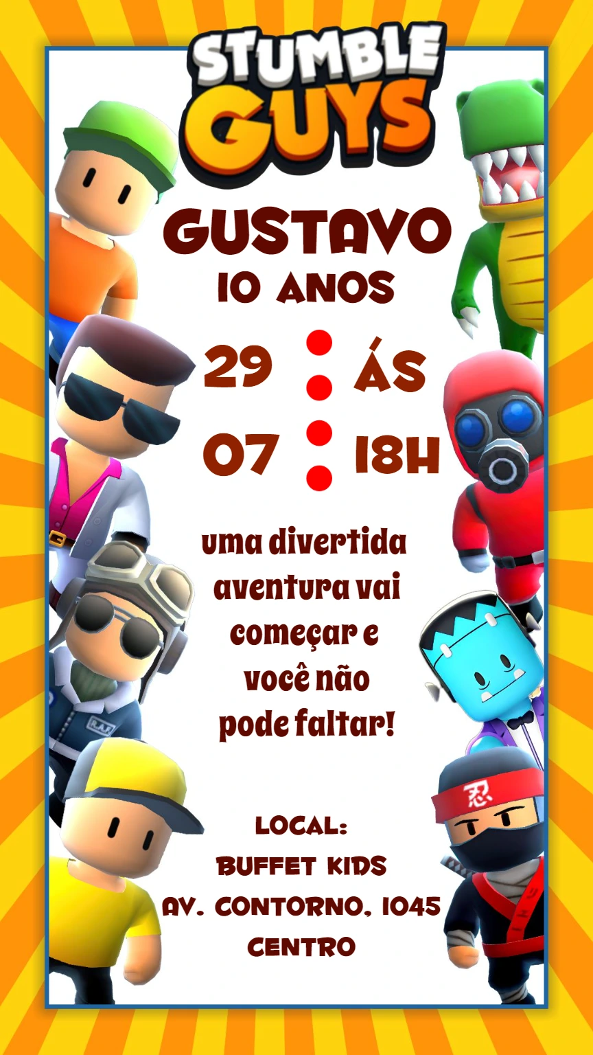 Convite de Aniversário Stumble Guys com Personagens para Editar