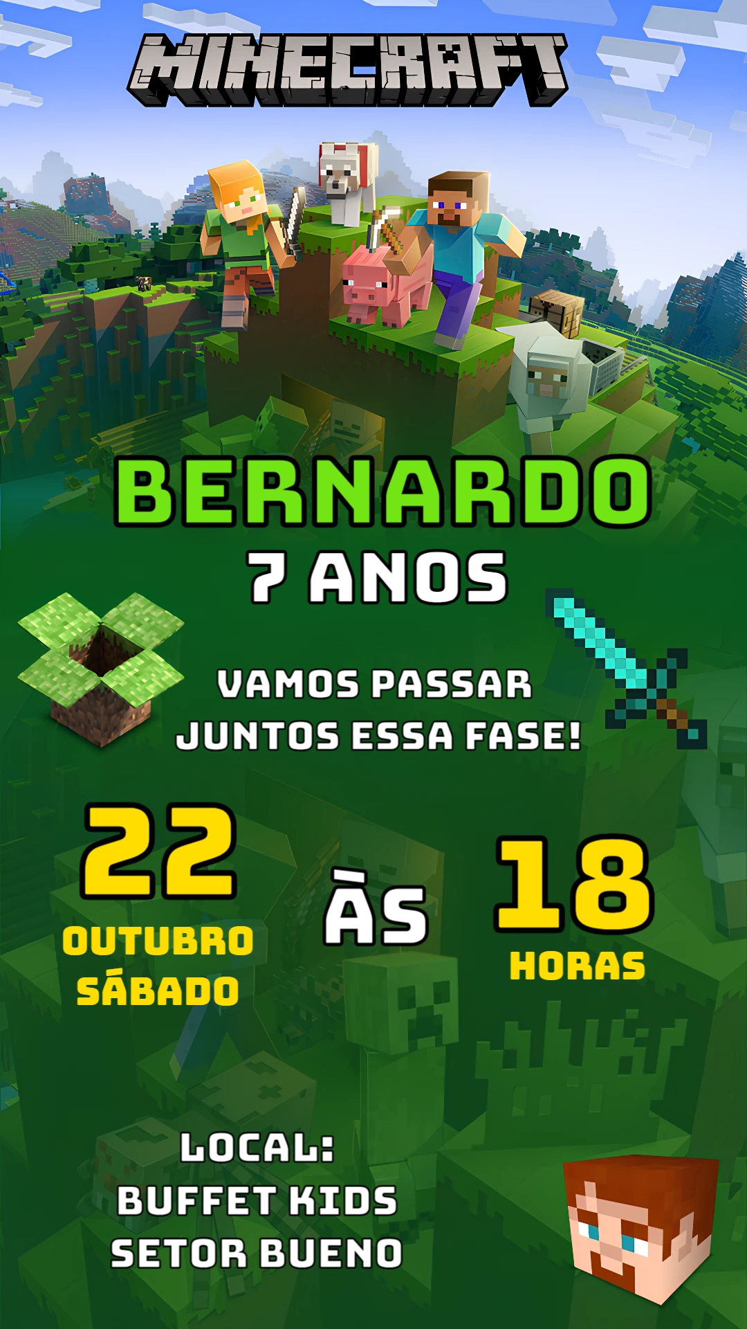 Convite Animado Aniversário Minecraft para Editar Online