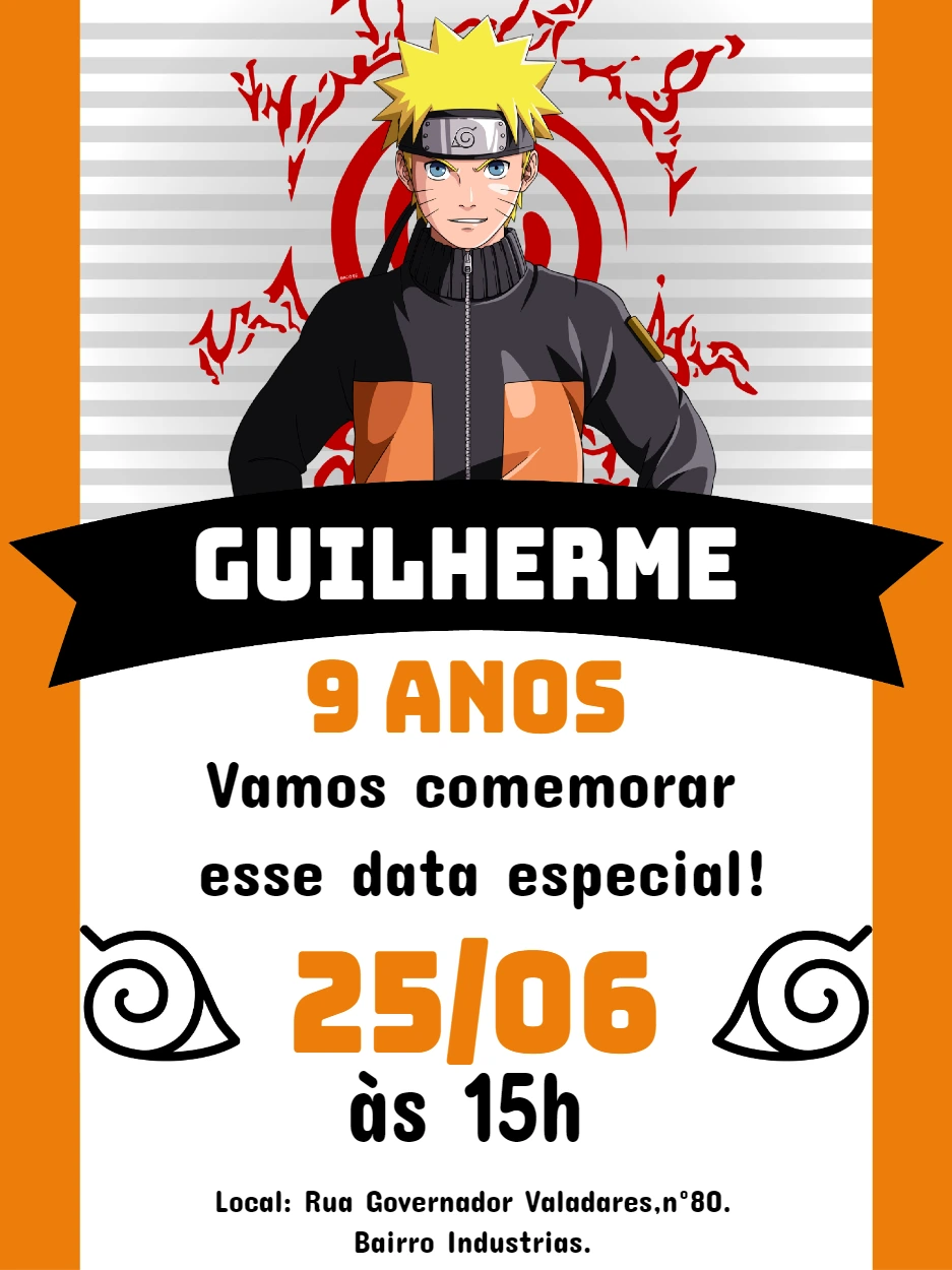 Convite de Aniversário Naruto Editável Online para Imprimir