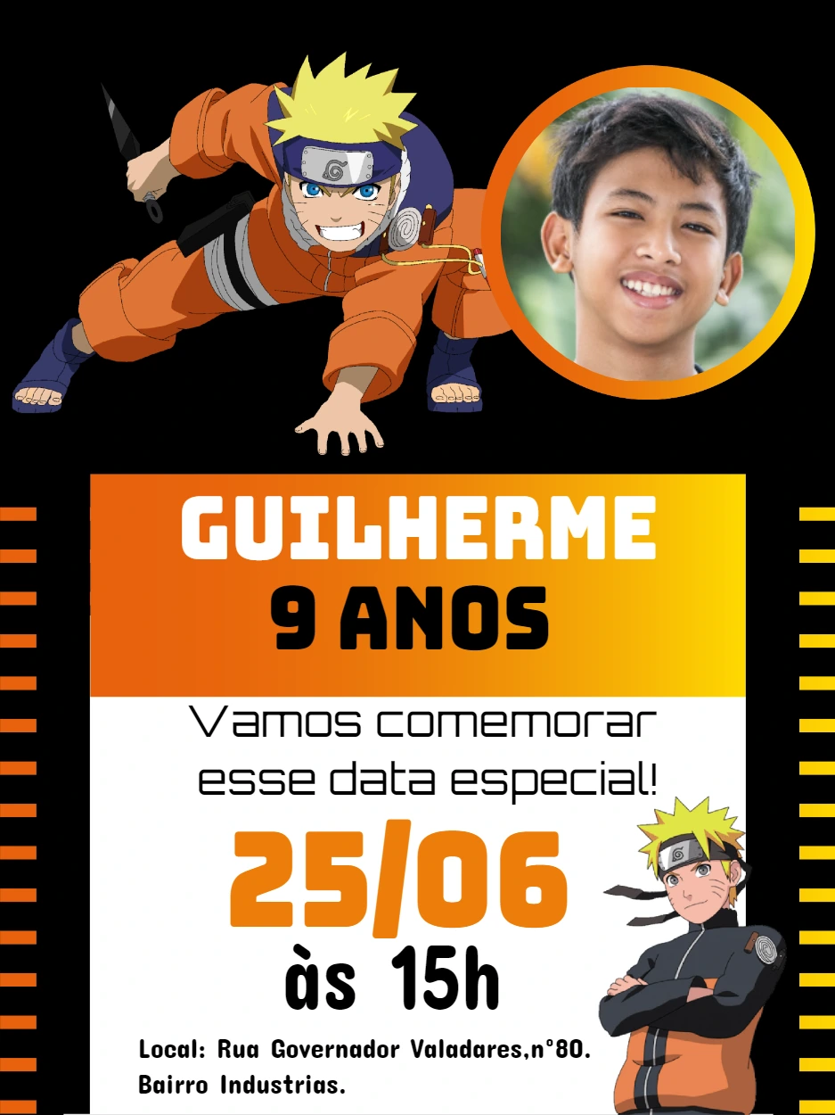 Convite de Aniversário Naruto com Foto para Editar Online