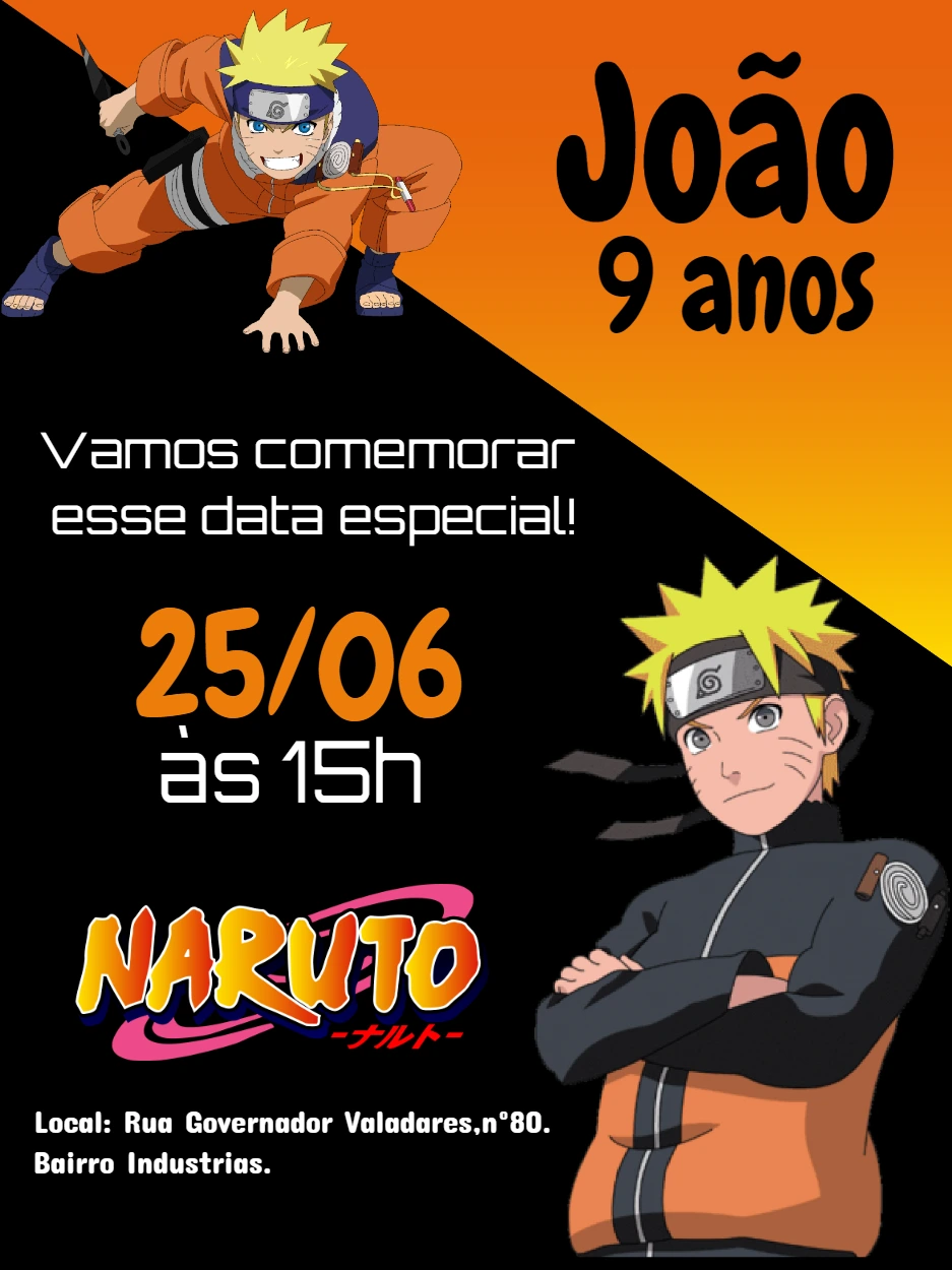 Convite de Aniversário Naruto Editável Online para Imprimir