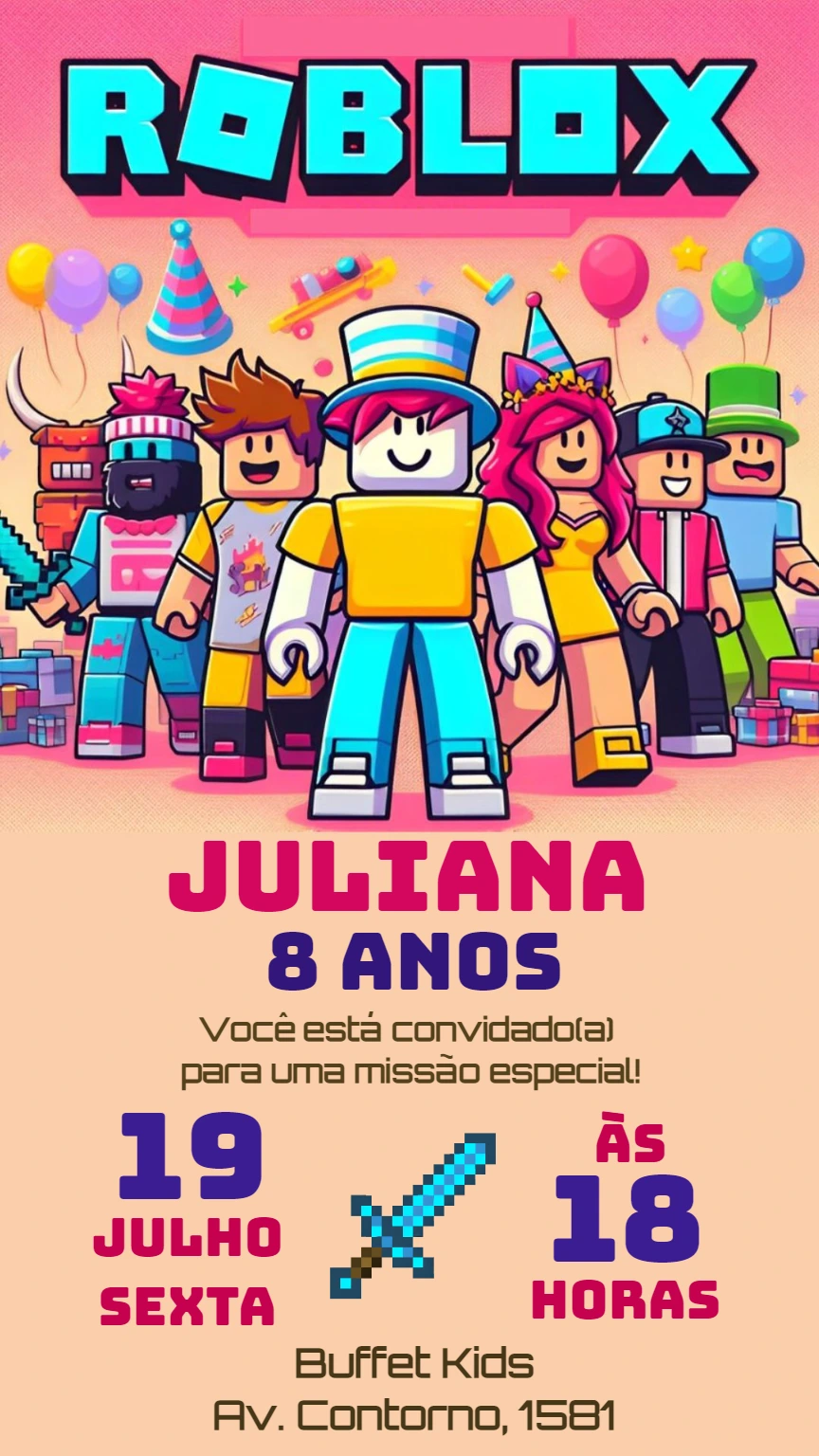 Convite de Aniversário Roblox com Personagens para Editar