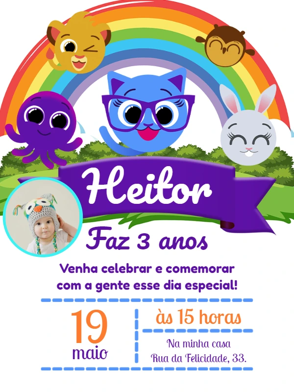 Convite de Aniversário Bolofofos com Foto para Editar Online