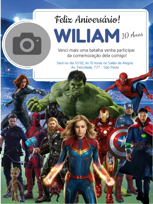 Convite de Aniversário Vingadores com Foto para Editar Online