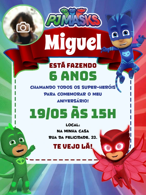 Convite Aniversário Pj Masks com Foto para Editar Online