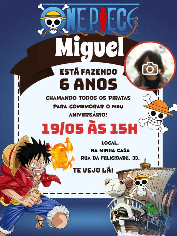 Convite de Aniversário One Piece com Foto para Editar Online