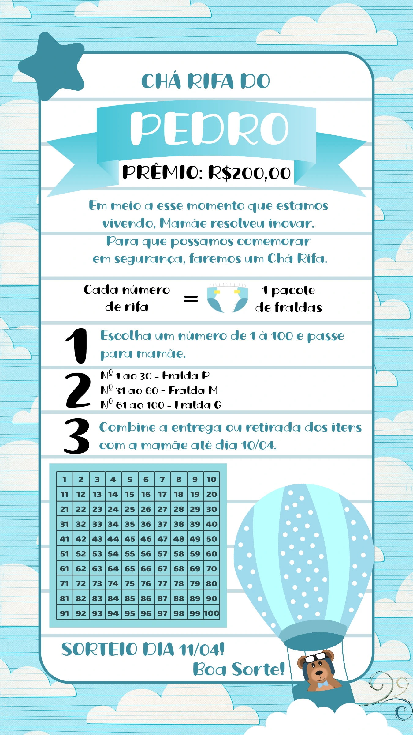 Convite Chá Rifa Ursinho Baloeiro para Editar Online