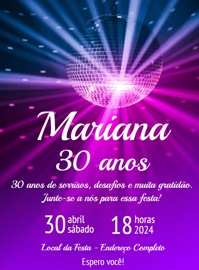 Convite de Aniversário Festa Disco para Editar Online e Imprimir