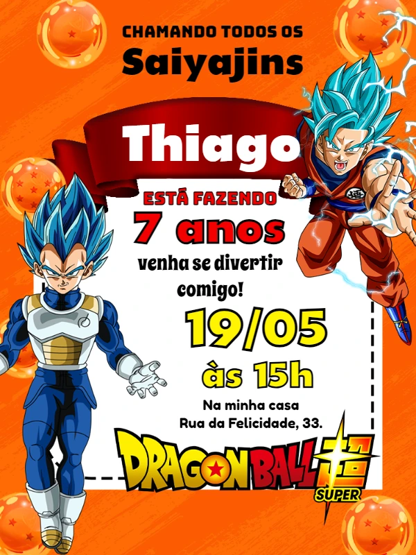 Convite Aniversário Dragon Ball com Goku e Vegeta para Editar