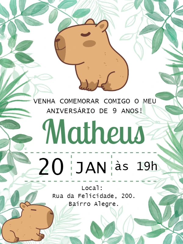 Convite de Aniversário Capivara Fofa para Editar Online
