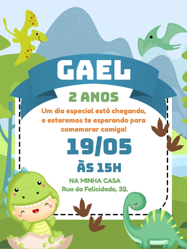 Convite Aniversário Dinossauro Baby para Editar Online