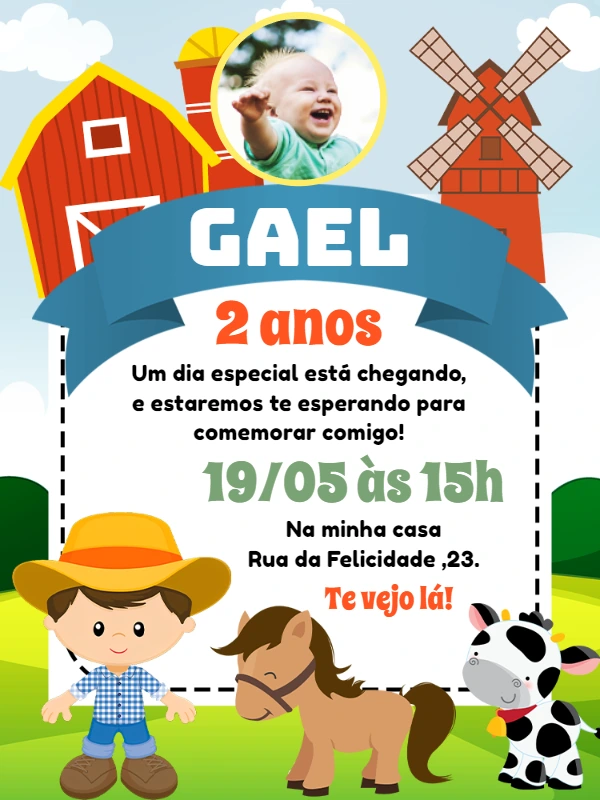 Convite Aniversário Fazendinha com Foto para Editar Online