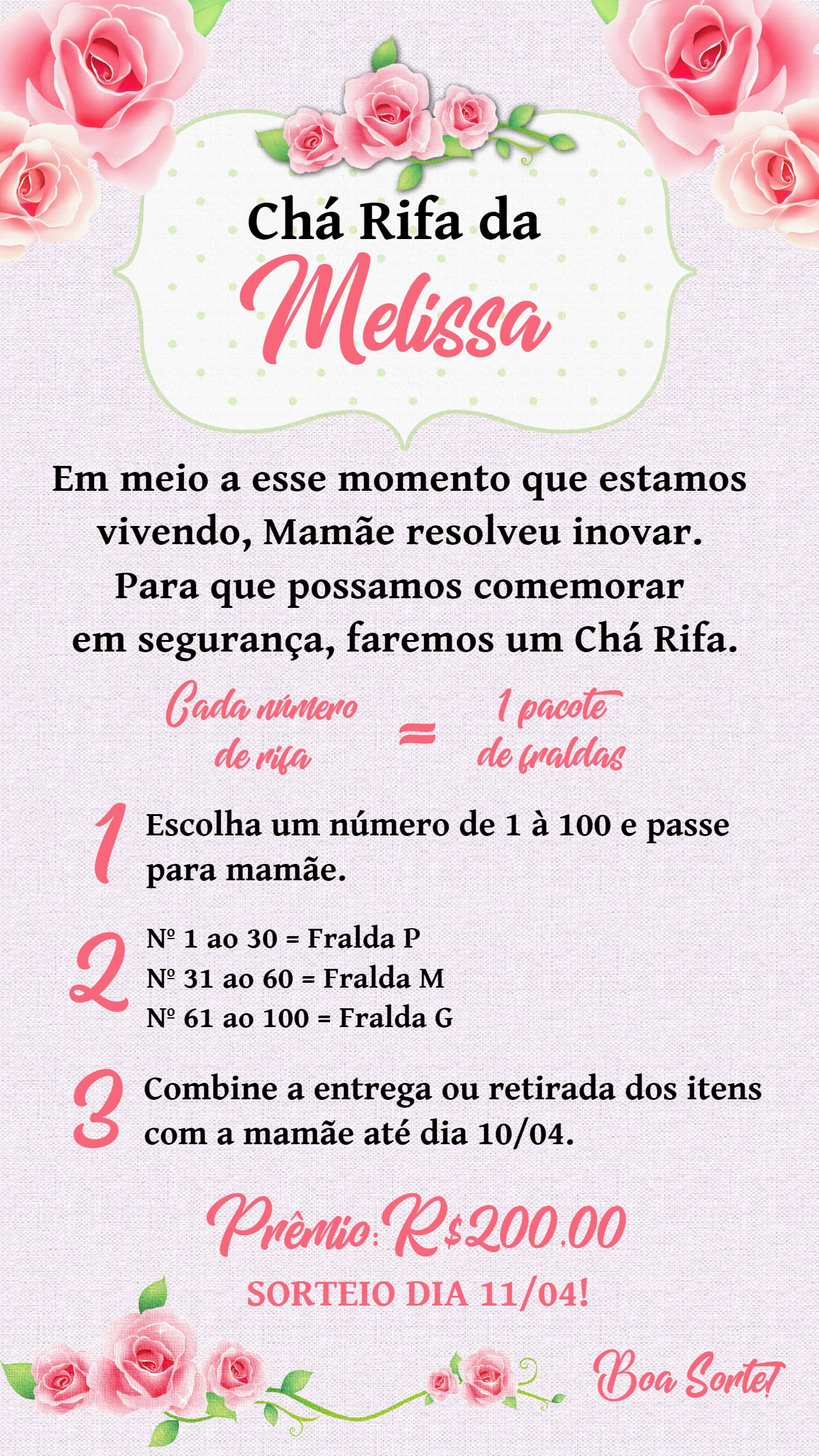 Convite Chá Rifa Floral com Rosas para Editar Online