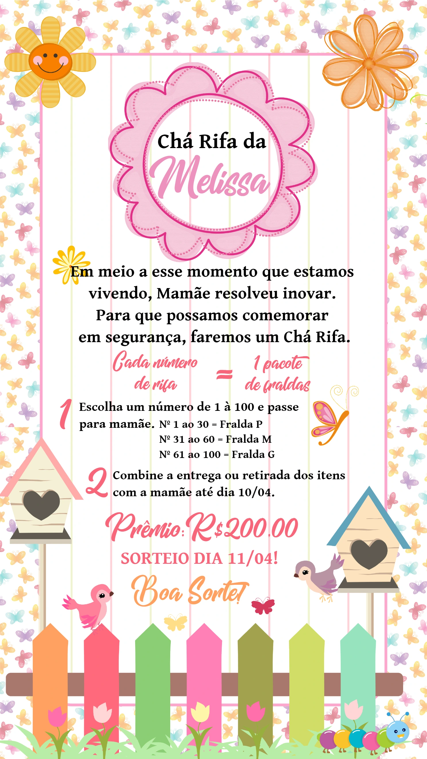 Convite Chá Rifa Jardim Encantado para Editar e Enviar Online