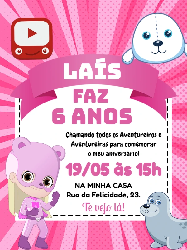 Convite Aniversário Aventureira Rosa para Editar Online