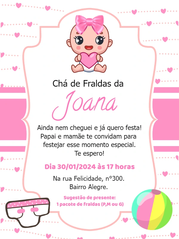 Convite Chá de Fraldas Menina com Bebê Fofa para Editar