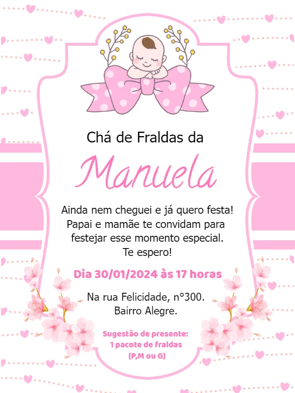 Convite Chá de Fraldas Menina com Laço Rosa para Editar