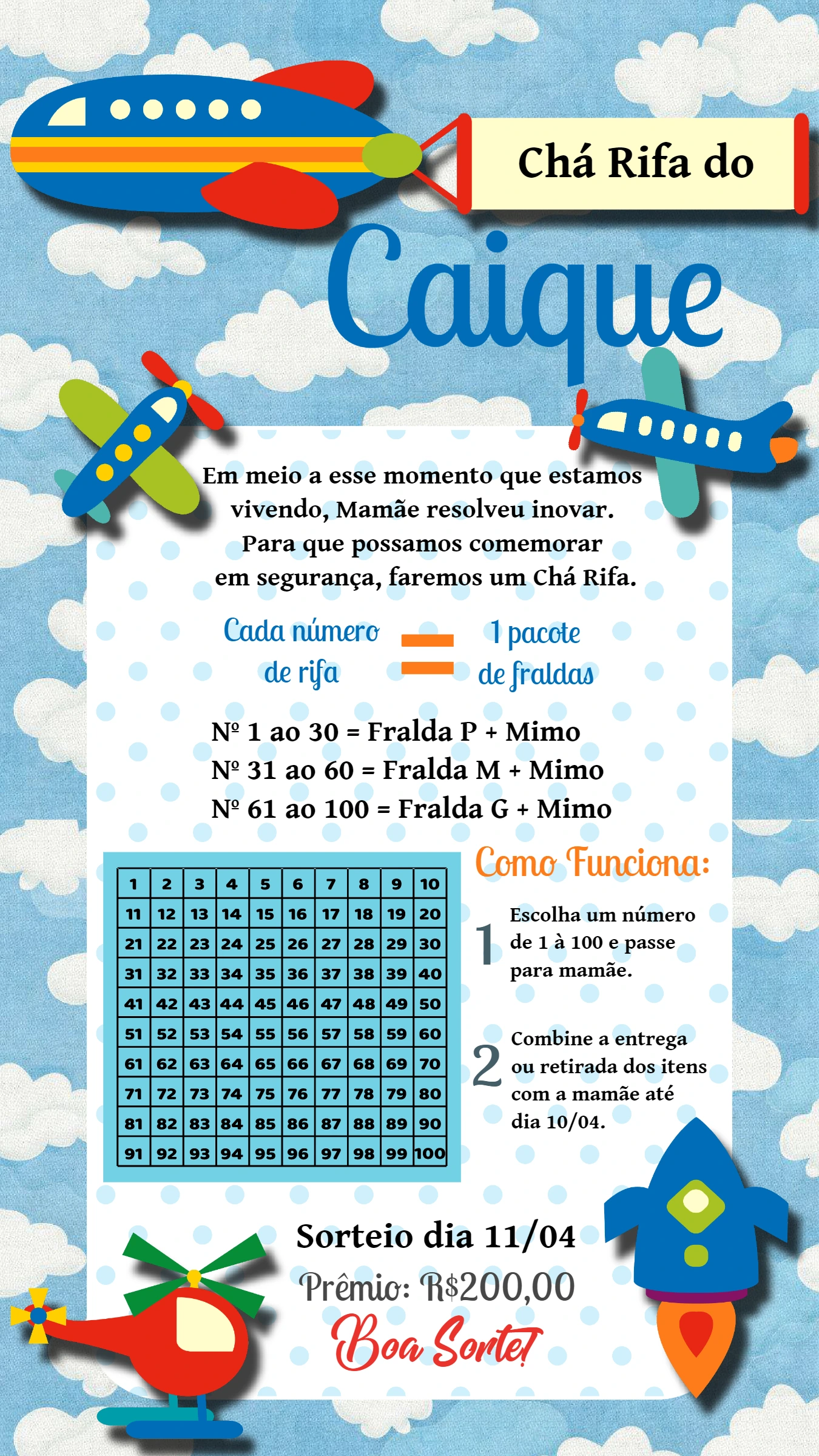 Convite Chá Rifa Aviões Editável Online para Enviar
