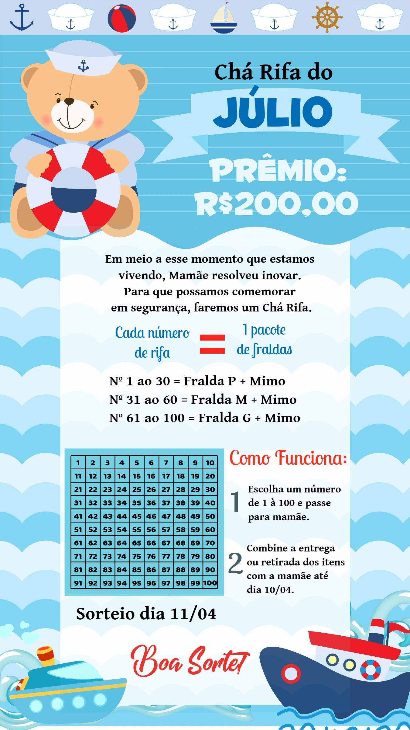 Chá Rifa Ursinho Marinheiro Editável para Enviar Online