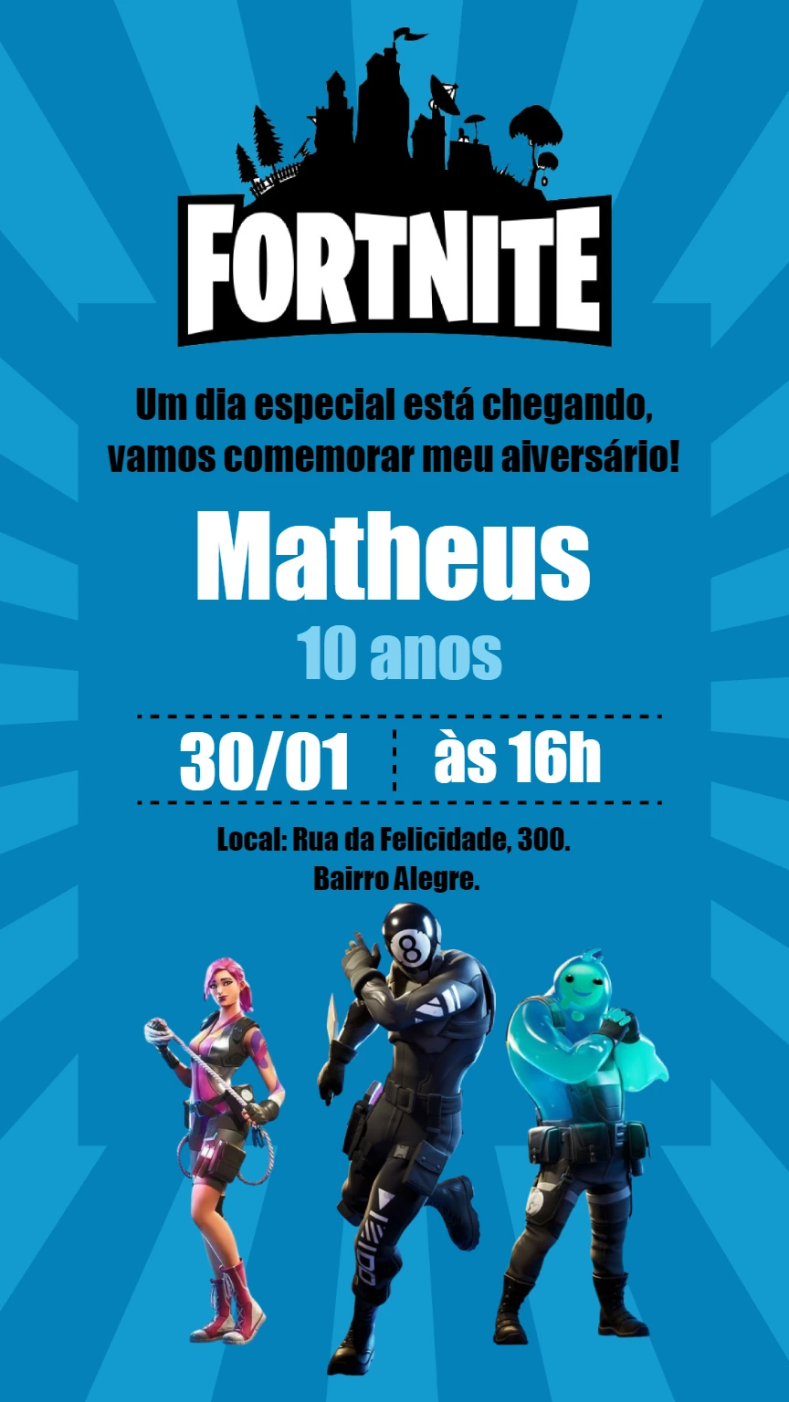 Convite de Aniversário Fortnite Azul para Editar Online