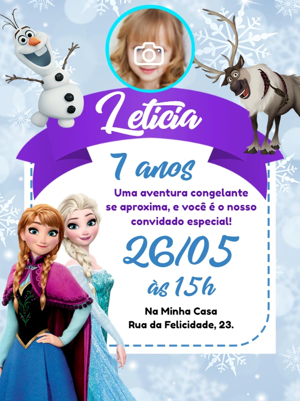 Convite Aniversário Frozen com Foto para Editar Online