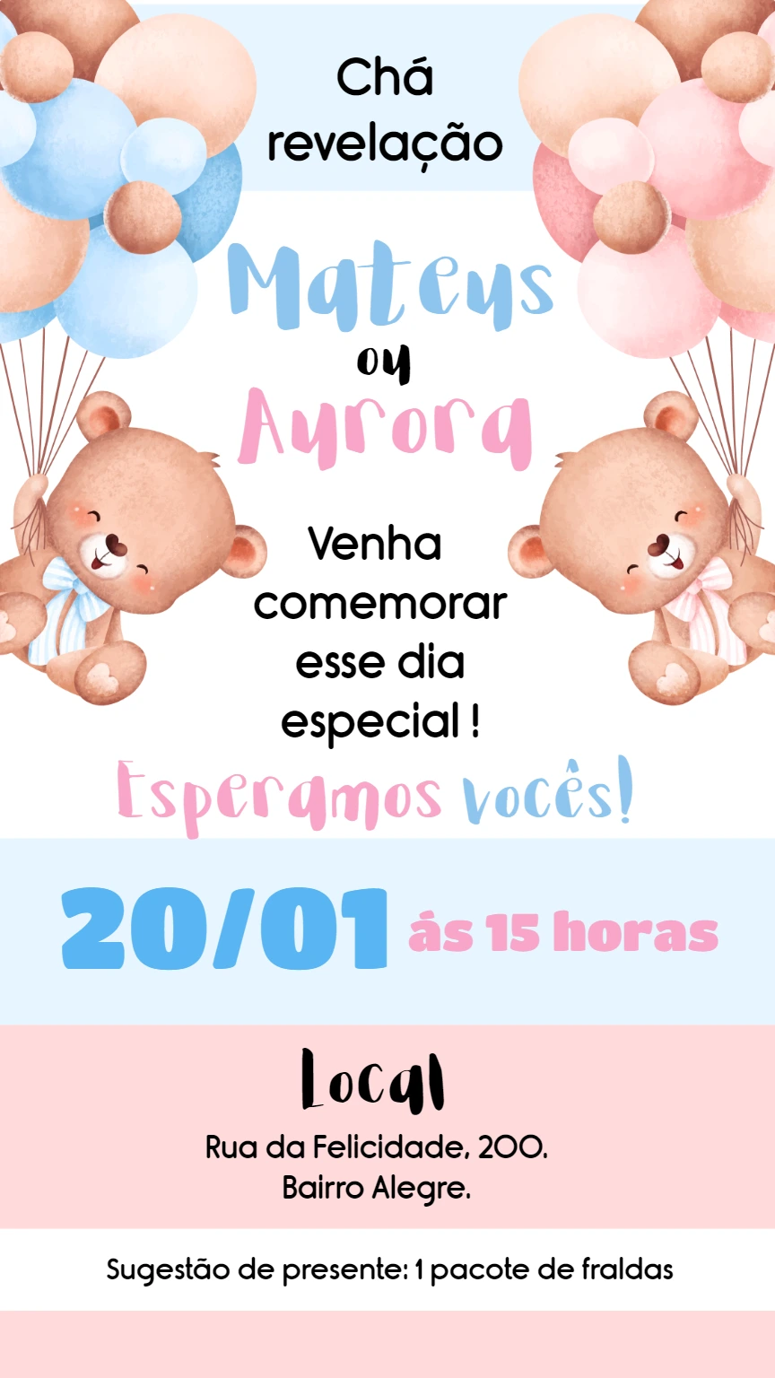 Convite Chá Revelação Ursinhos Baloeiros para Editar Online