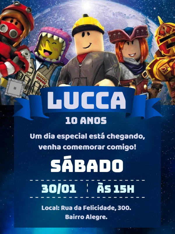 Convite de Aniversário Roblox com Personagens para Editar