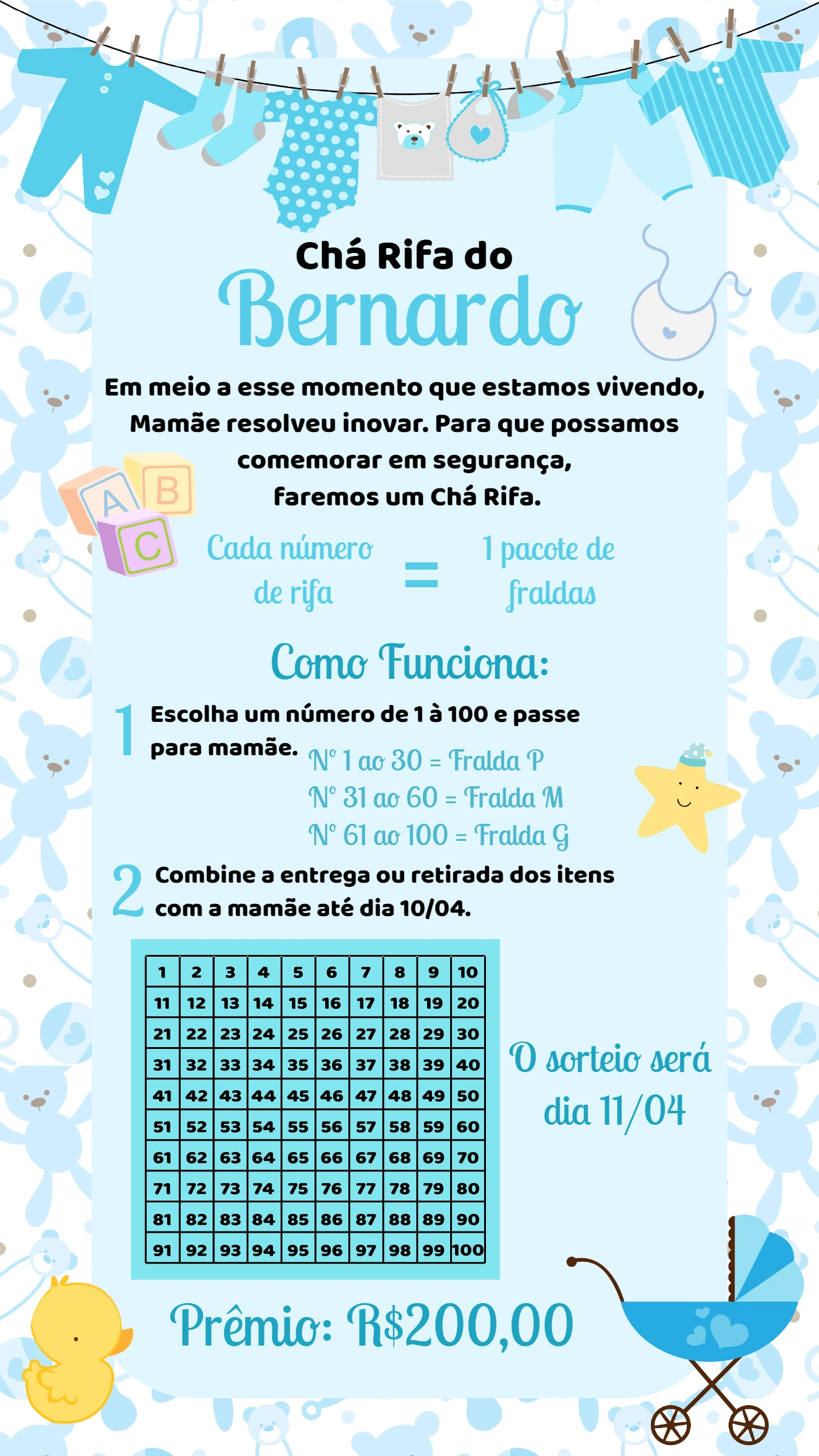 Convite Chá Rifa de Bebê Menino Varal de Roupas para Editar