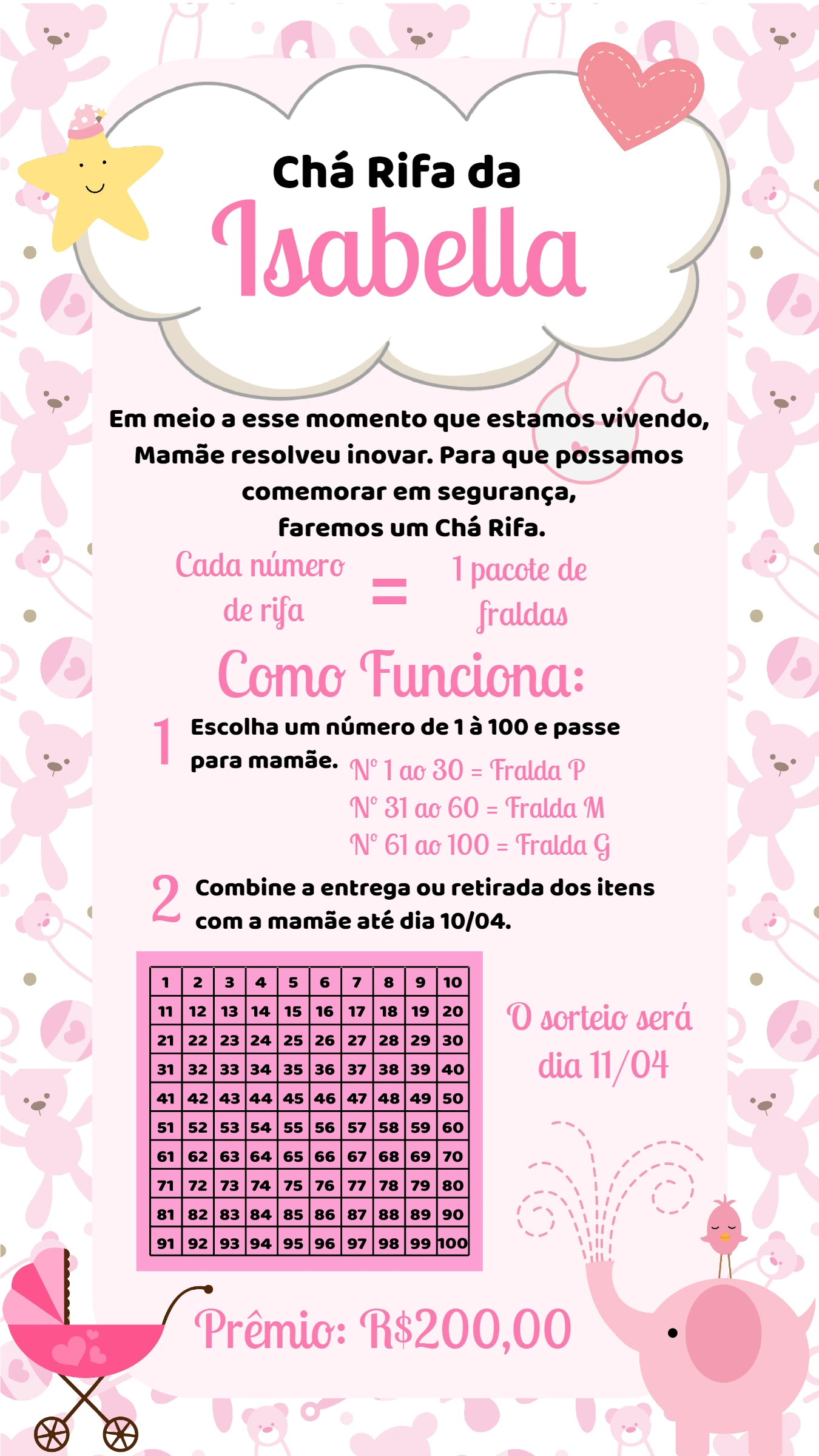 Convite Chá Rifa Elefantinha Rosa para Editar Online