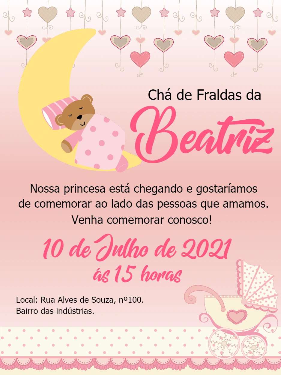 Convite Chá de Fraldas Ursinha na Lua para Editar Online