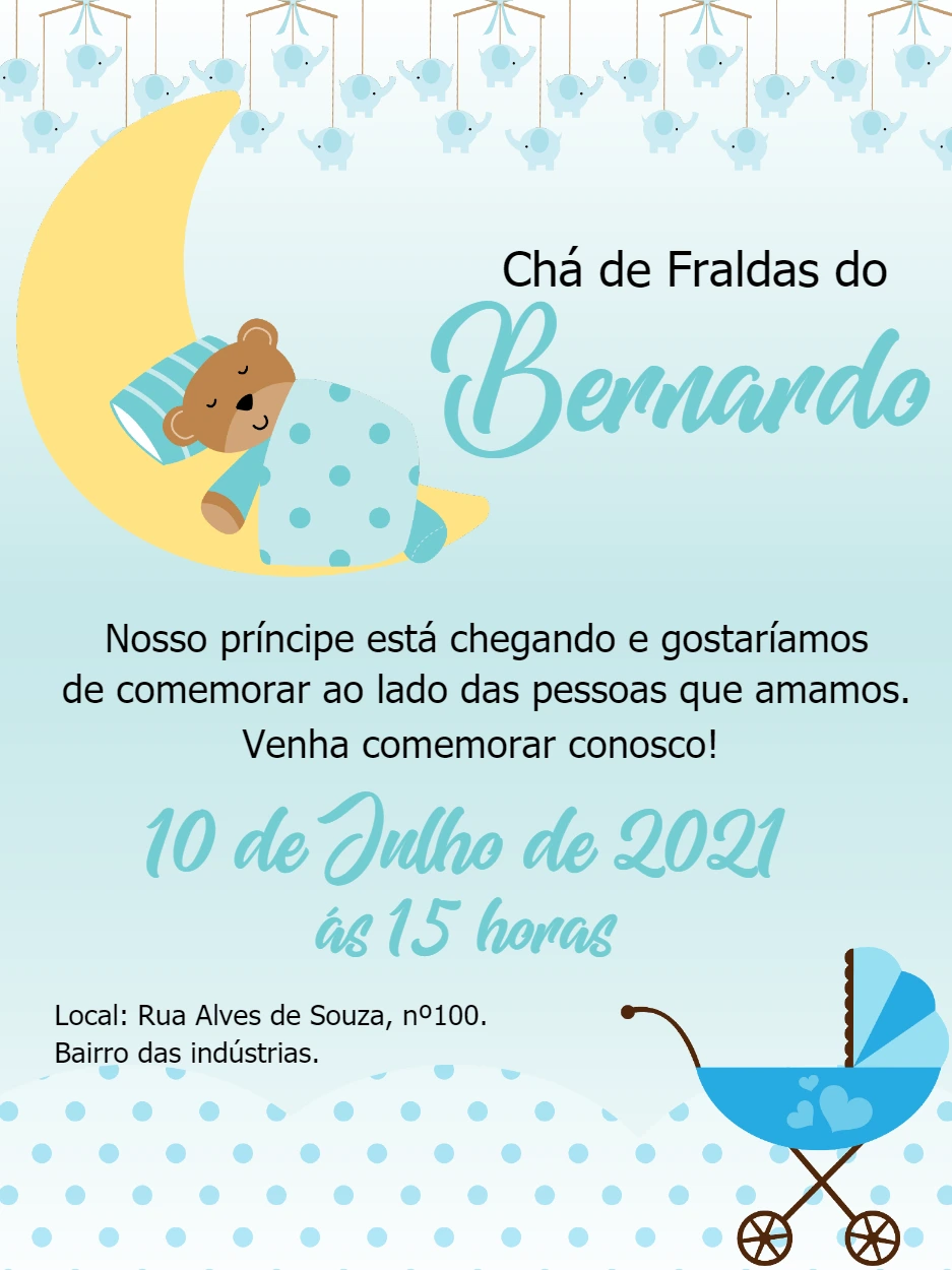 Convite Chá de Fraldas Ursinho na Lua para Editar Online