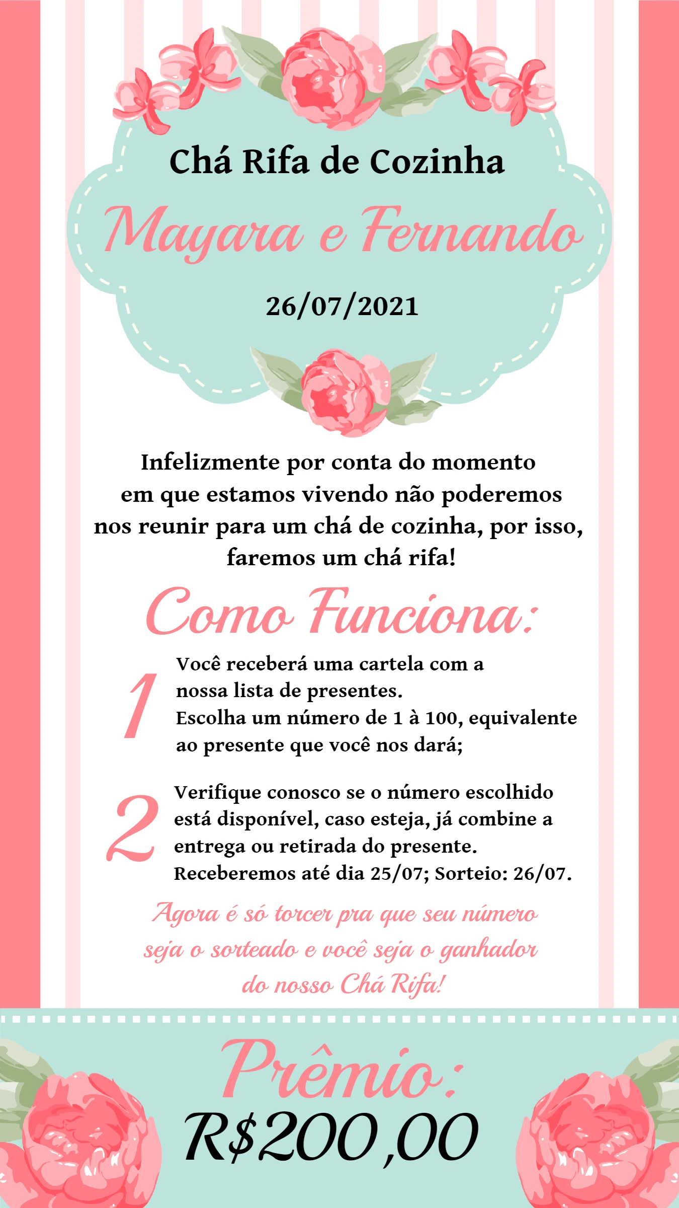 Convite Chá Rifa de Cozinha Floral para Editar Online