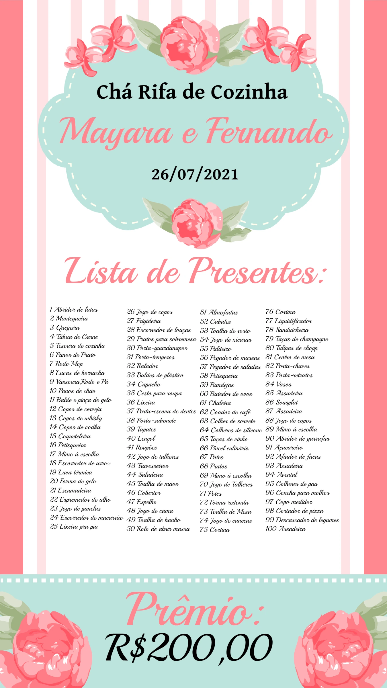 Convite Chá Rifa de Cozinha Floral Delicado para Editar Online