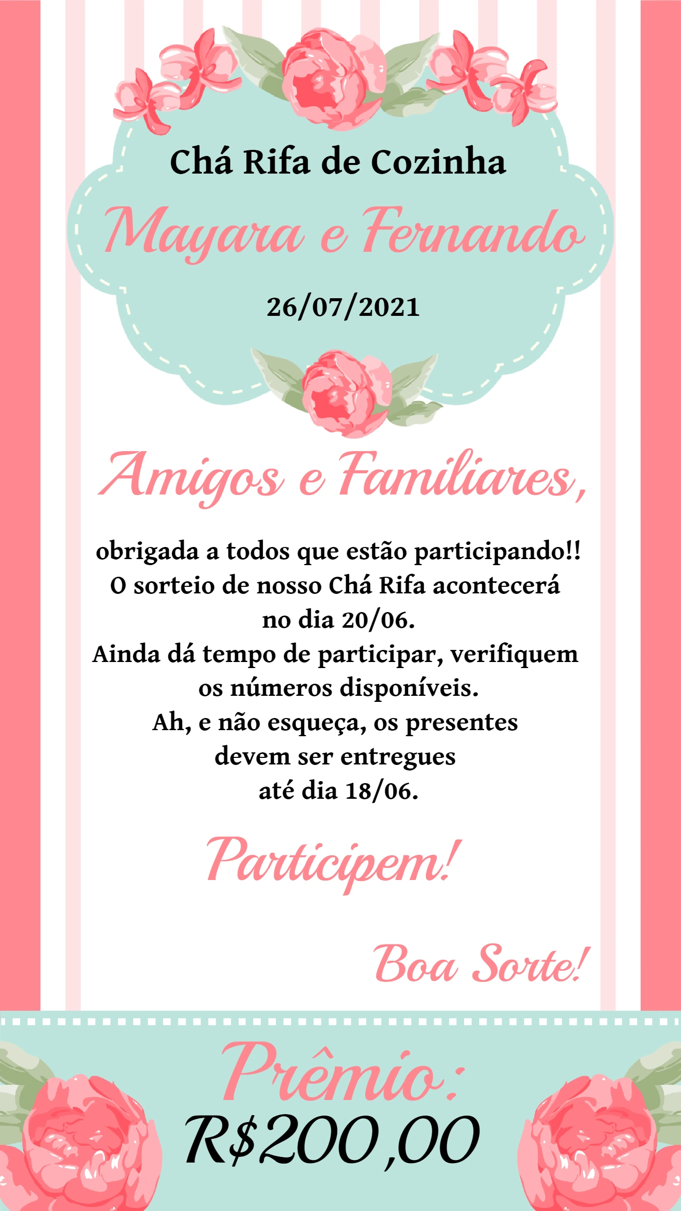 Convite Chá Rifa de Cozinha Floral Delicado para Editar Online