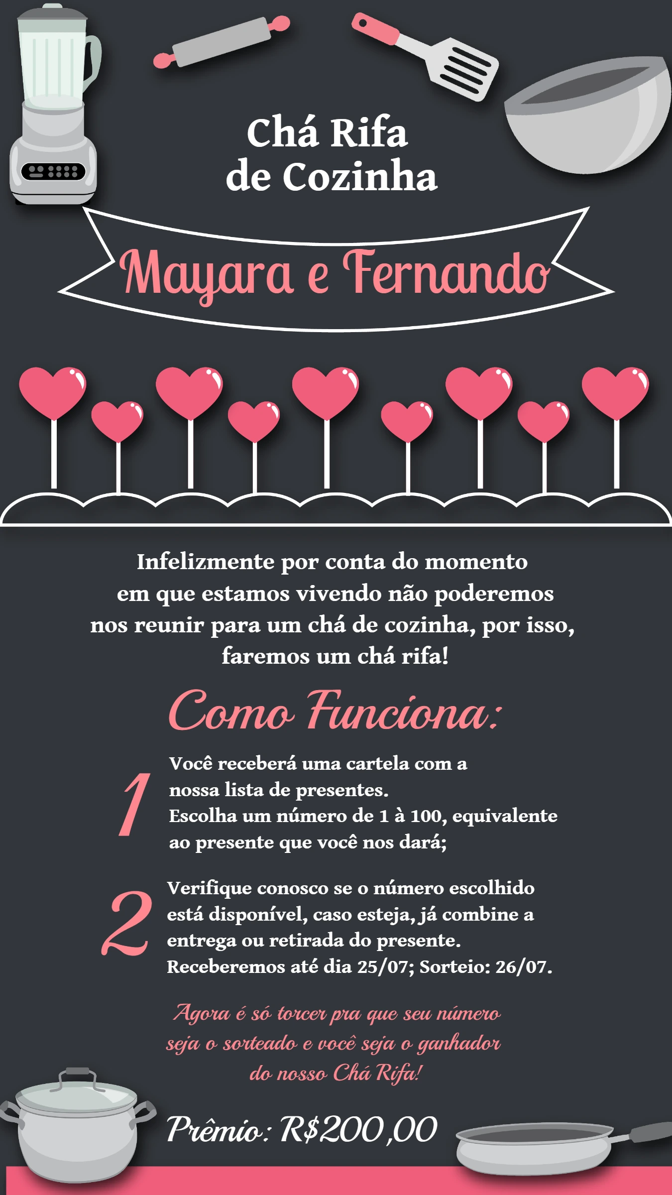 Convite Chá Rifa de Cozinha com Corações para Editar Online