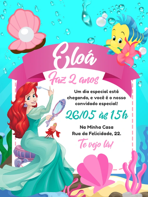 Convite Aniversário Pequena Sereia Ariel para Editar Online